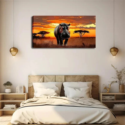 Hippo Walking On Grass Sunset Wall Art Canvas Office Home Room Framed 120x60cm - Bella Home Decor
