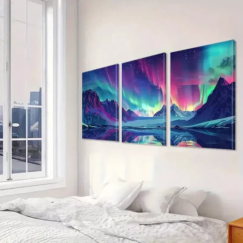3pcs Decorative Aurora Borealis Icy Mountains Canvas Unframed - High Quality Print 100% Australian Made Wall Canvas - Bella Home Decor