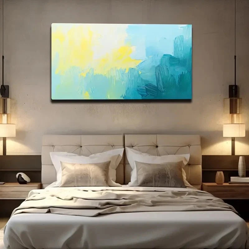 Yellow And Blue Brushstroke Wall Art Canvas Office Home Room Framed 120x60cm
