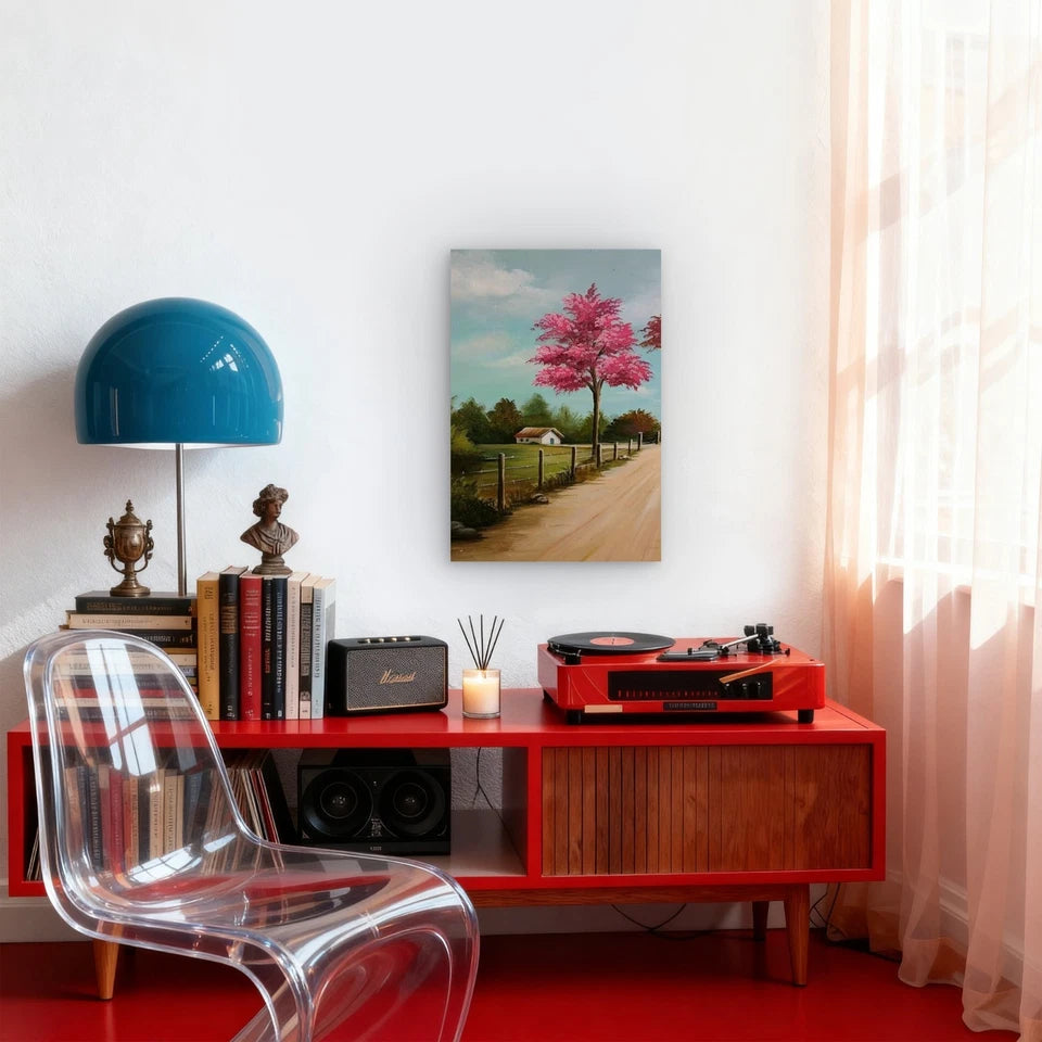 Vibrant Landscape with White Cottage & Winding Path Metal Print Ready to Hang