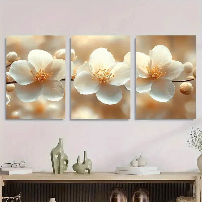 3pcs Serene Elegant White Flower Prints Metal Print Ready to Hang Art - Bella Home Decor
