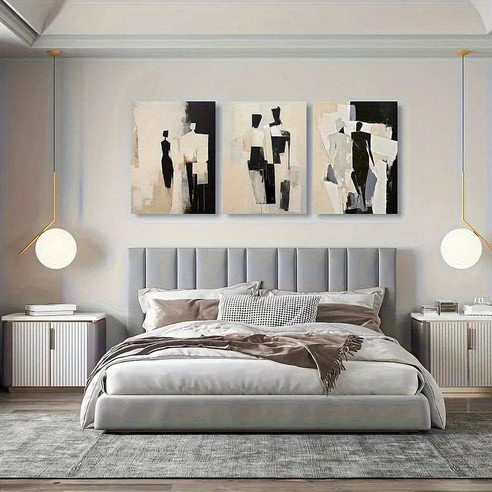 Modern bedroom with abstract art above a bed