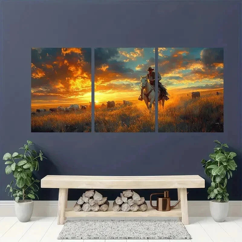 3pcs Vibrant Sunset Prairie Scene with a Cowboy Wall Art Set Canvas Framed 60x90cm - High Quality Print 100% Australian Made Wall Canvas Ready to Hang - Bella Home Decor