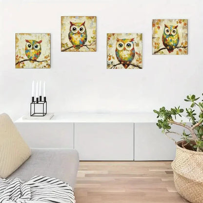 4pcs Funny Owl Themed  Wall Art Canvas Framed