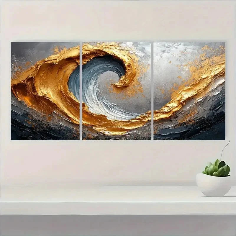 3pcs Golden & Silvery Swirl Design Q   Wall Art Set Canvas Framed 60x90cm - High Quality Print 100% Australian Made Wall Canvas Ready to Hang - Bella Home Decor