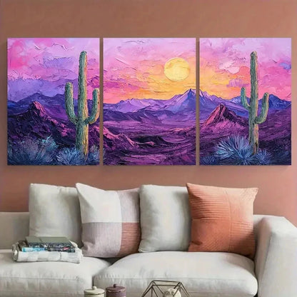 3pcs Vivid Cactus & Mountain Landscape Perfect Wall Art Set Canvas Framed 60x90cm - High Quality Print 100% Australian Made Wall Canvas Ready to Hang