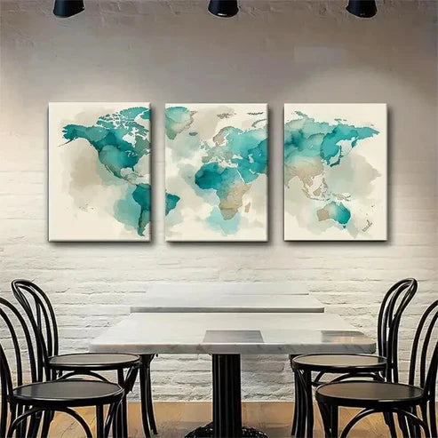 3pcs Abstract Global Map Beige Tones Perfect Wall Art Set Canvas Unframed - High Quality Print 100% Australian Made Wall Canvas - Bella Home Decor