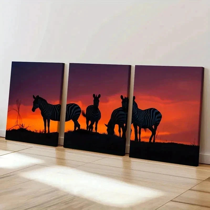 3pcs Zebra Herd At Sunset African Savannah Wall Art Set Canvas Framed 60x90cm - High Quality Print 100% Australian Made Wall Canvas Ready to Hang - Bella Home Decor
