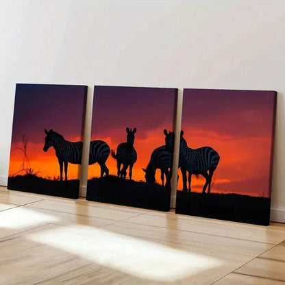 3pcs Zebra Herd At Sunset African Savannah Wall Art Set Canvas Framed 60x90cm - High Quality Print 100% Australian Made Wall Canvas Ready to Hang - Bella Home Decor