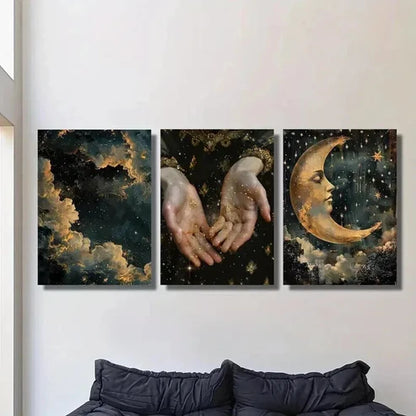 3pcs Abstract Magic Shine in Hand Stars Moon Wall Art Set Canvas Unframed - High Quality Print 100% Australian Made Wall Canvas - Bella Home Decor
