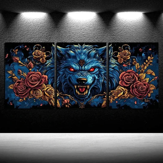 3pcs Wolf with Crown of Roses and Leaves Wall Art Set Canvas Framed 60x90cm - High Quality Print 100% Australian Made Wall Canvas Ready to Hang