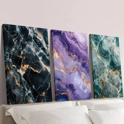 3pcs Gold Black Purple & Blue Marble Texture Wall Art Canvas Unframed - High Quality Print 100% Australian Made Wall Canvas - Bella Home Decor