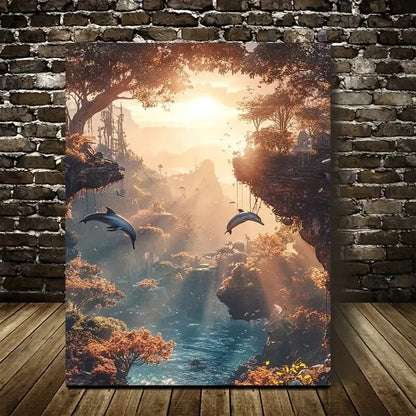 Steampunk Dolphin Swing Scene with Magical Painting 40x60cm Metal Print Ready to Hang - Bella Home Decor