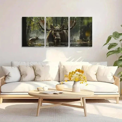 3pcs Moose in the Sunlit Lush Greenery Woods Art Set Canvas Unframed - High Quality Print 100% Australian Made Wall Canvas