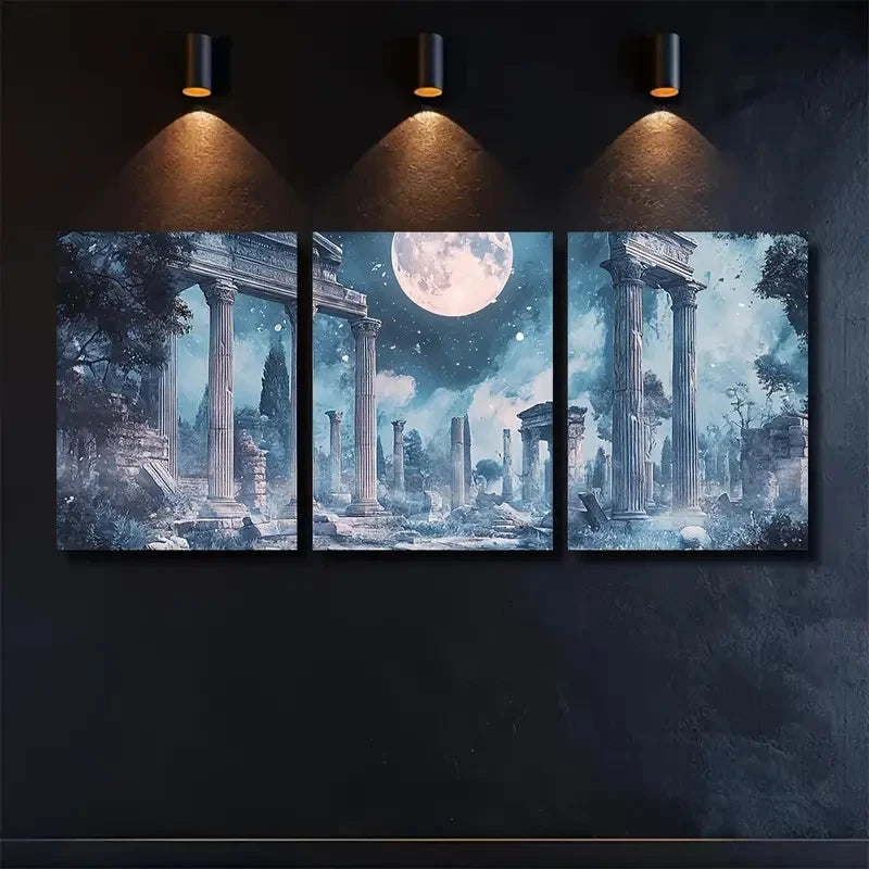 3pcs Roman Ruins Under a Full Moon Pattern Metal Print Ready to Hang Art