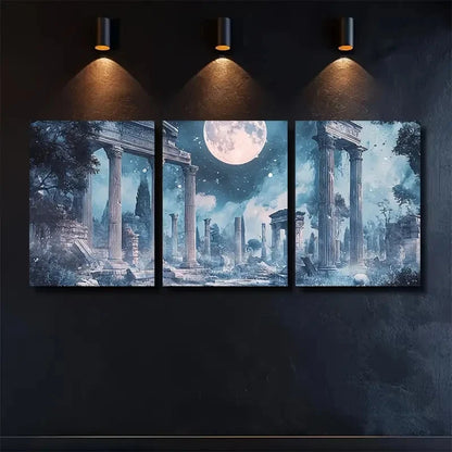 3pcs Roman Ruins Under a Full Moon Pattern Metal Print Ready to Hang Art