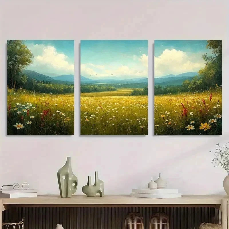 3pcs Spring Meadow Landscape Vintage Perfect Wall Art Set Canvas Framed 60x90cm - High Quality Print 100% Australian Made Wall Canvas Ready to Hang - Bella Home Decor