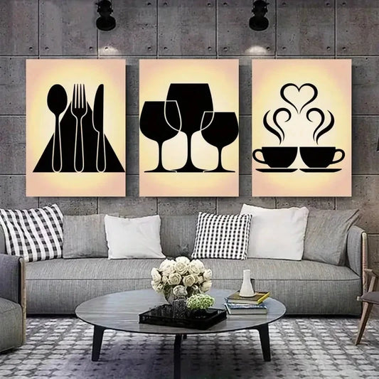 3pcs Cutlery, Wine Glasses, Coffee Cups Wall Art Set Canvas Framed 40x60cm - High Quality Print 100% Australian Made Wall Canvas Ready to Hang