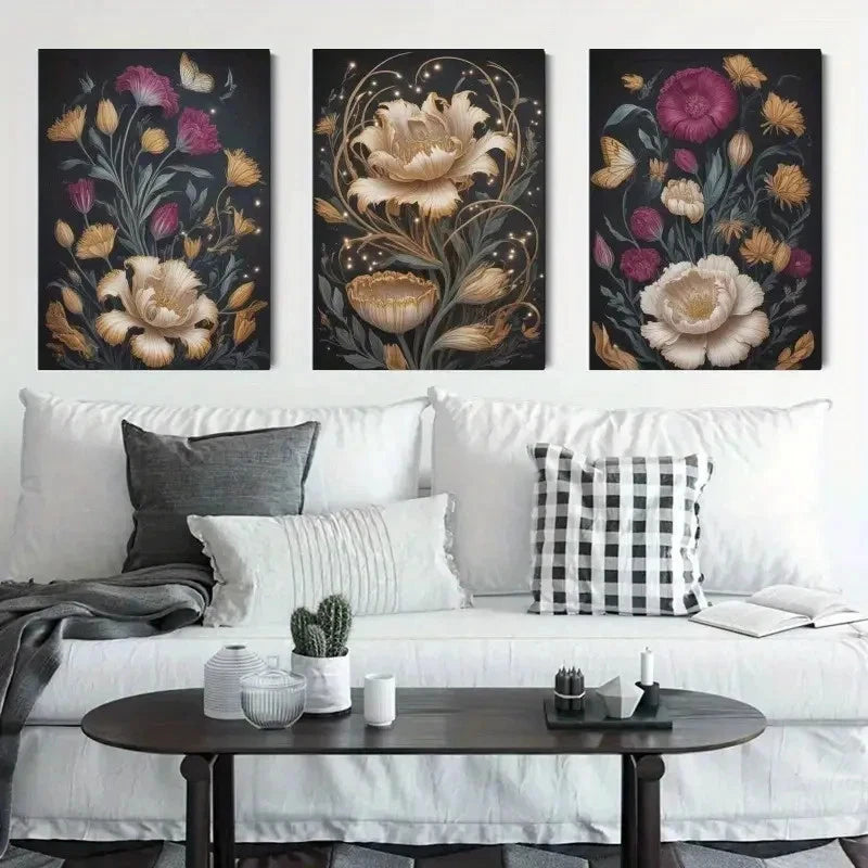 3pcs Golden Flowers, Butterflies Canvas   Wall Art Set Canvas Framed 50x70cm - High Quality Print 100% Australian Made Wall Canvas Ready to Hang - Bella Home Decor
