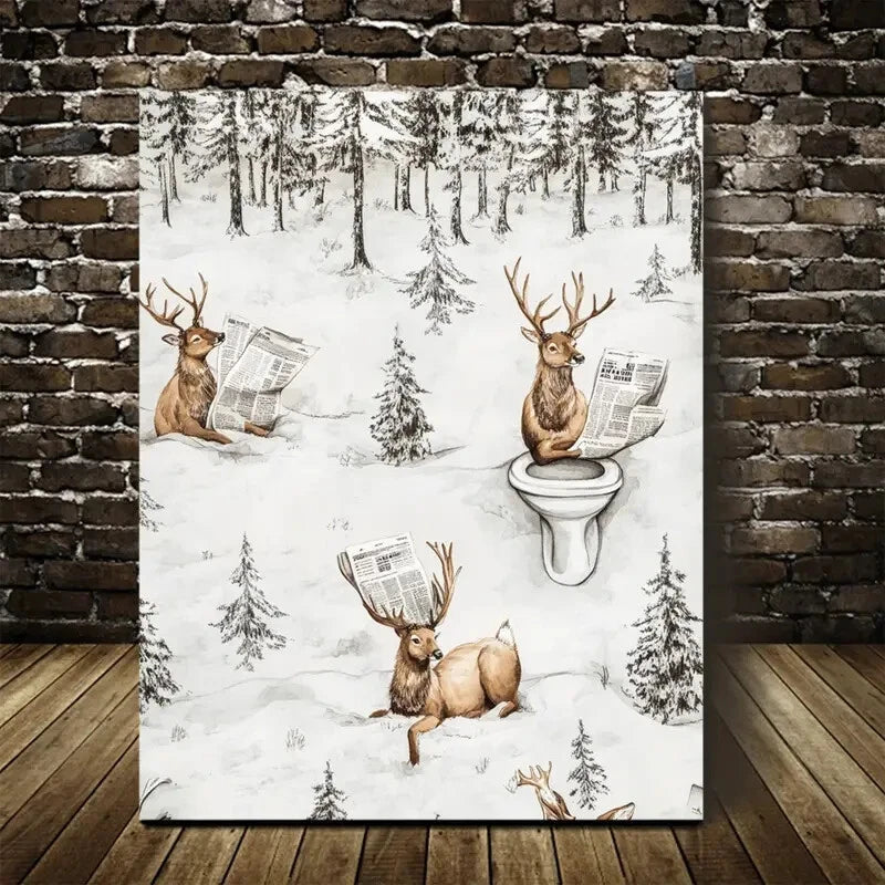 Quirky Newspaper Reading Deer Painting 40x60cm Metal Print Ready to Hang - Bella Home Decor