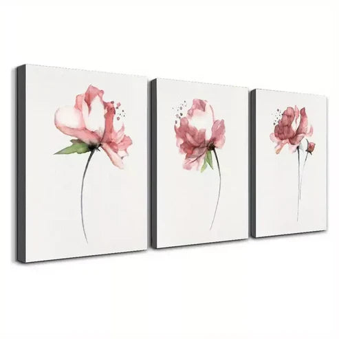 3pcs Watercolor Style Peony Shabby Chic Flowers Canvas Unframed - High Quality Print 100% Australian Made Wall Canvas
