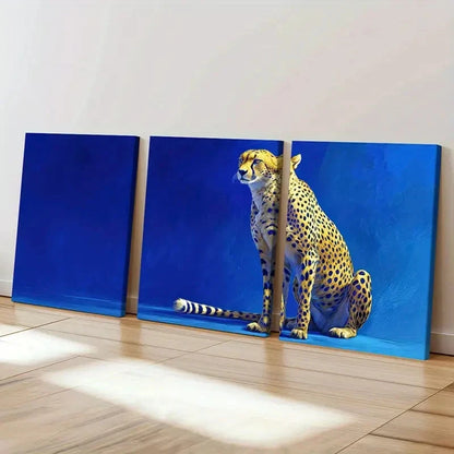 3pcs Leopard Blue Background Animal Theme Wall Art Set Canvas Framed 40x60cm - High Quality Print 100% Australian Made Wall Canvas Ready to Hang