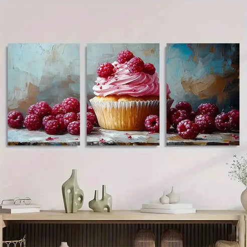 3pcs Berries Cupcake Dessert Neutral Wall Art Set Canvas Unframed - High Quality Print 100% Australian Made Wall Canvas - Bella Home Decor