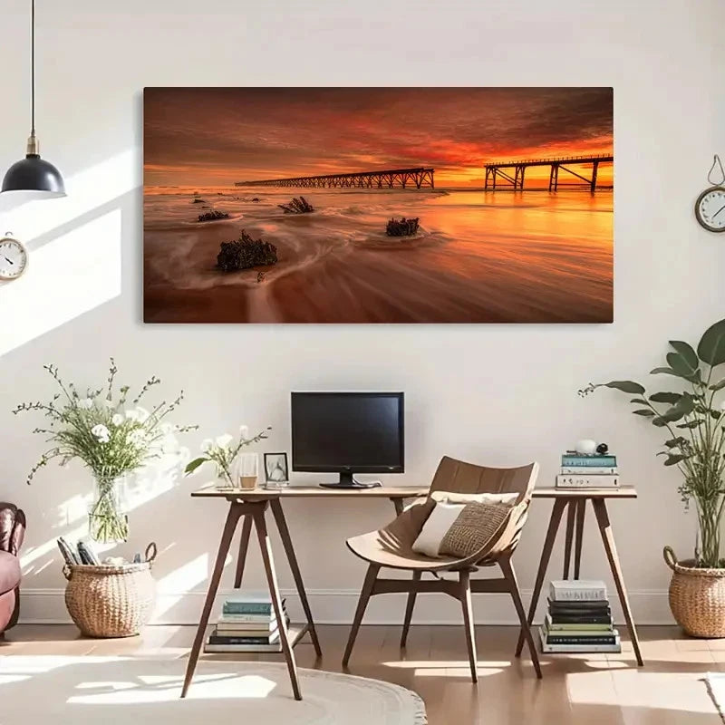 Serene Pier & Ocean Sunset Wall Art Canvas Office Home Room Framed 120x60cm