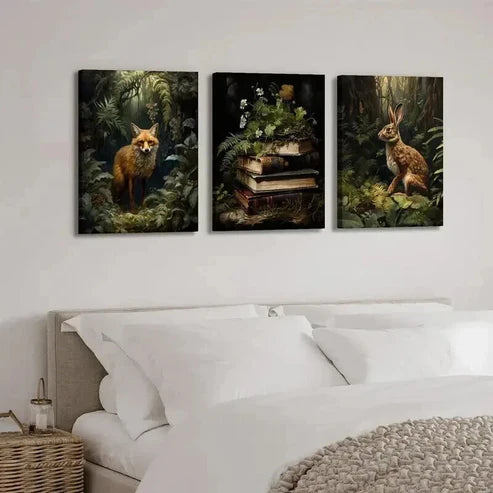 3pcs Fox Rabbit Books Rustic Wall Art Set Canvas Unframed - High Quality Print 100% Australian Made Wall Canvas - Bella Home Decor
