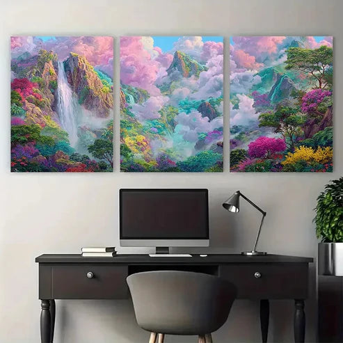 3pcs Cute Waterfall Painting Pastel Wall Art Canvas Unframed - High Quality Print 100% Australian Made Wall Canvas - Bella Home Decor