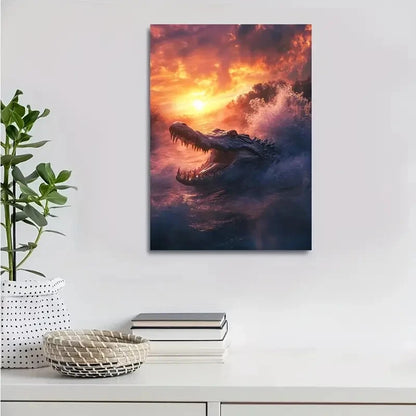Dramatic Glowing Sky & Waves Crocodile Painting 40x60cm Metal Print Ready to Hang - Bella Home Decor