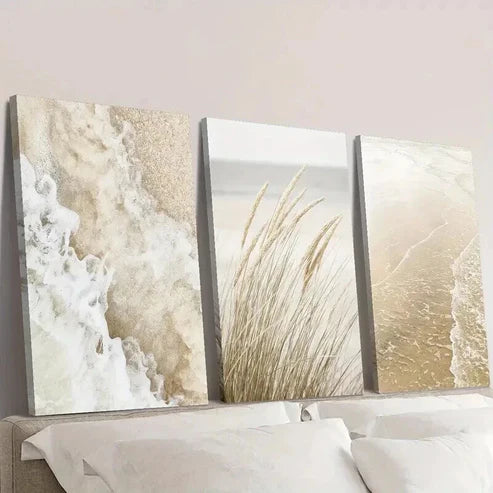 3pcs Seaside Plant Painting Beige Wavy Style Wall Art Canvas Unframed - High Quality Print 100% Australian Made Wall Canvas