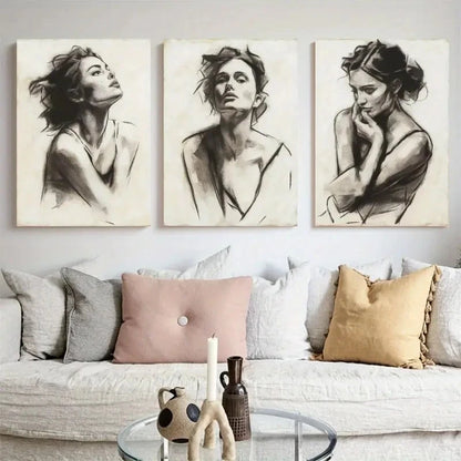 3pcs Figure Sketch, Charcoal Drawing  Wall Art Set Canvas Framed 50x70cm - High Quality Print 100% Australian Made Wall Canvas Ready to Hang