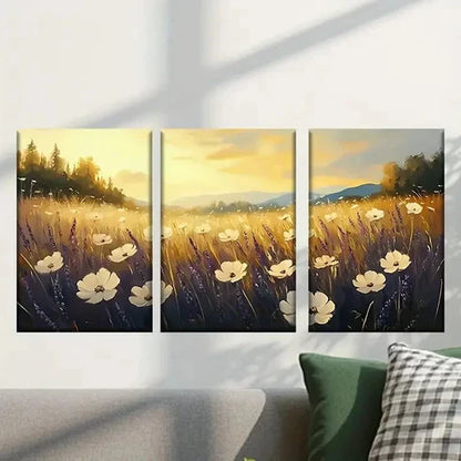 3pcs Sunset Meadow with Wildflowers Wall Art Set Canvas Unframed - High Quality Print 100% Australian Made Wall Canvas
