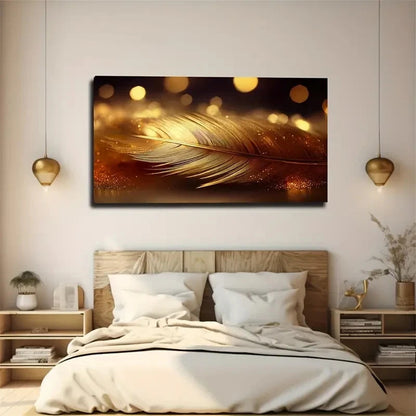 Vibrant Golden & Black Feather Wall Art Canvas Office Home Room Framed 120x60cm