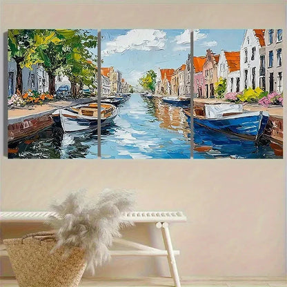 3pcs Colorful European Town by Canal Wall Art Set Canvas Framed 40x60cm - High Quality Print 100% Australian Made Wall Canvas Ready to Hang - Bella Home Decor
