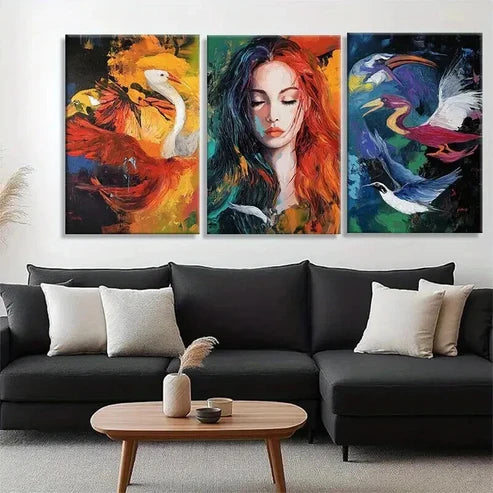 3pcs Women and Birds Colorful Abstract Wall Art Canvas Unframed - High Quality Print 100% Australian Made Wall Canvas