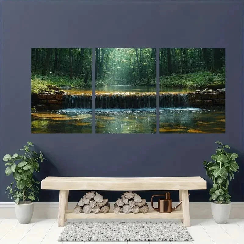 3pcs Water Stream In Green Natural Forest Wall Art Set Canvas Framed 40x60cm - High Quality Print 100% Australian Made Wall Canvas Ready to Hang - Bella Home Decor
