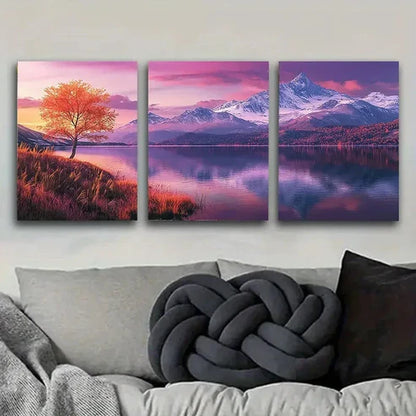 3pcs Purple Mountain Lake at Dusk Wall Art Set Canvas Unframed - High Quality Print 100% Australian Made Wall Canvas - Bella Home Decor