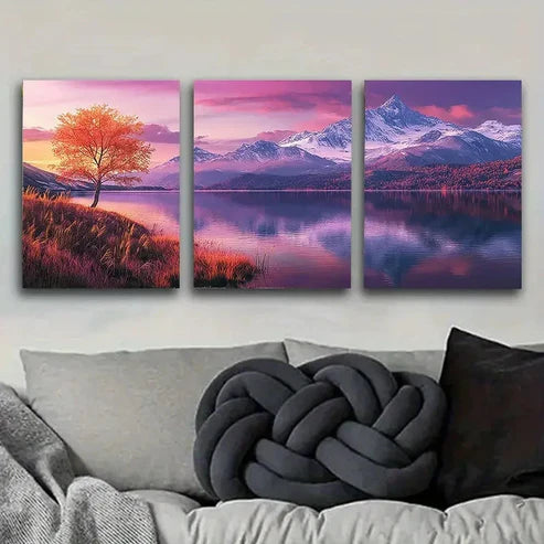 3pcs Purple Mountain Lake at Dusk Wall Art Set Canvas Unframed - High Quality Print 100% Australian Made Wall Canvas - Bella Home Decor