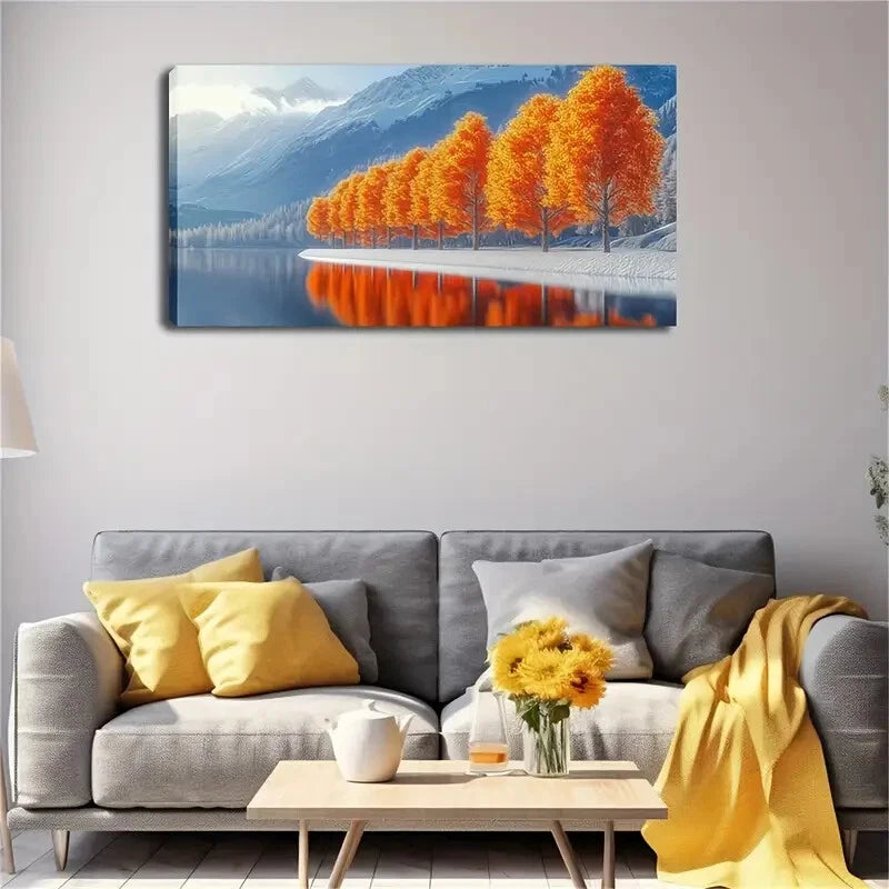 Serene Orange Trees Lake Décor Wall Art Canvas Office Home Room Framed 120x60cm - Bella Home Decor