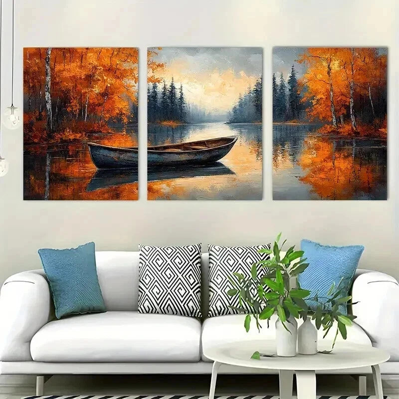3pcs Autumn River Boat Rustic Fall Perfect Wall Art Set Canvas Framed 50x70cm - High Quality Print 100% Australian Made Wall Canvas Ready to Hang - Bella Home Decor