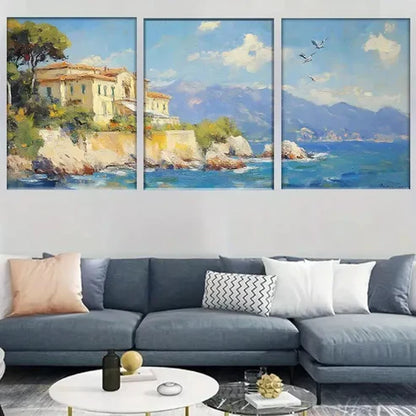 3pcs Modern Mediterranean Coastal Villa Wall Art Set Wall Art Canvas Unframed - High Quality Print 100% Australian Made Wall Canvas