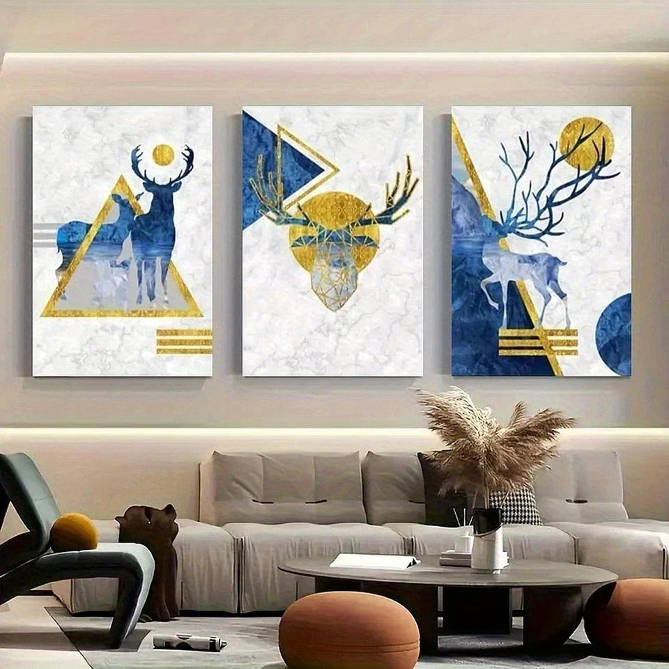 3pcs Blue and Golden Geometric Deer Metal Print Ready to Hang Art - Bella Home Decor
