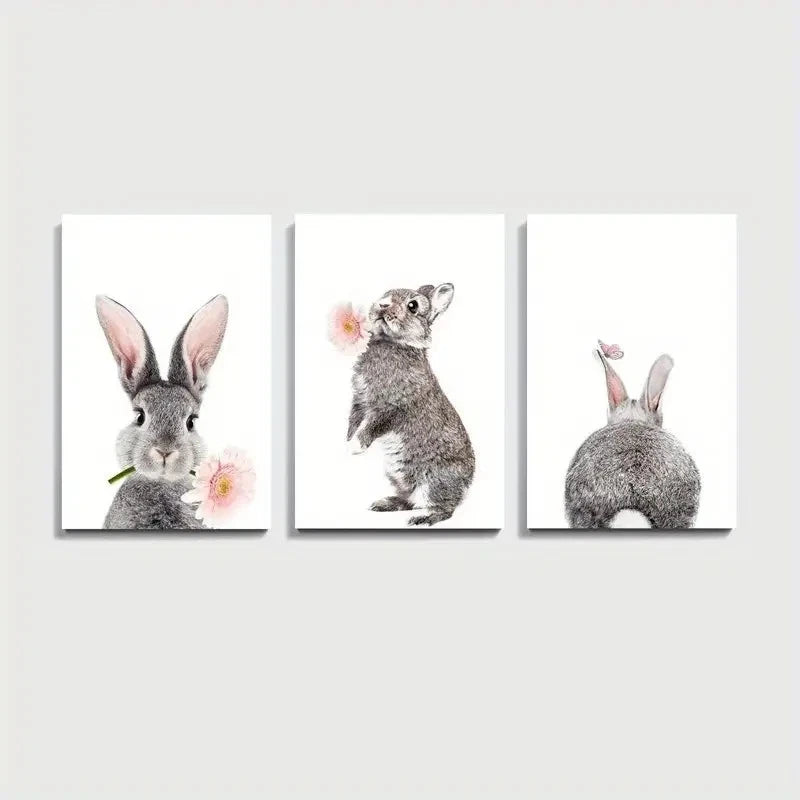 3pcs Gray Bunny Funny Rabbit Print Wall Art Set Canvas Framed 50x70cm - High Quality Print 100% Australian Made Wall Canvas Ready to Hang
