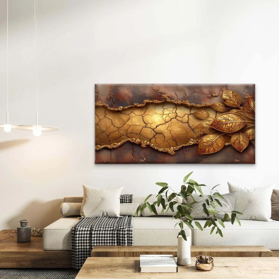 Abstract Cracked Gold Surface Wall Art Canvas Office Home Room Framed 120x60cm - Bella Home Decor