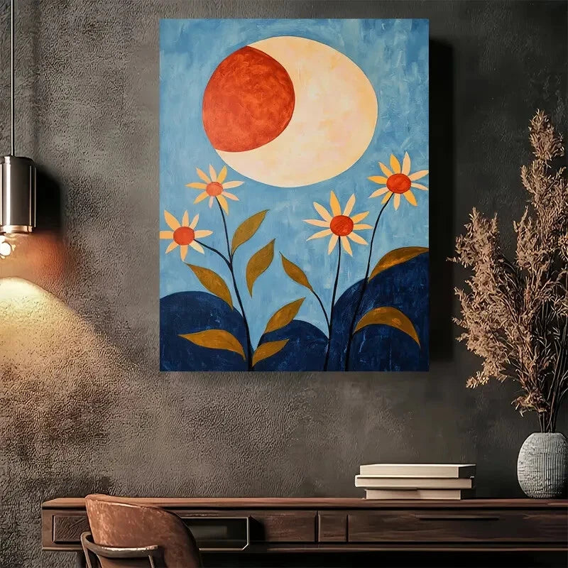 Beautiful Eclipse Flowers Night Sky Painting 40x60cm Metal Print Ready to Hang - Bella Home Decor