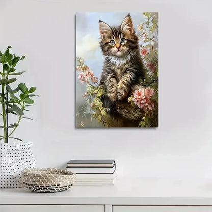 Maine Coon Kitten with Flowers & Plants Painting  40x60cm Metal Print Ready to Hang - Bella Home Decor