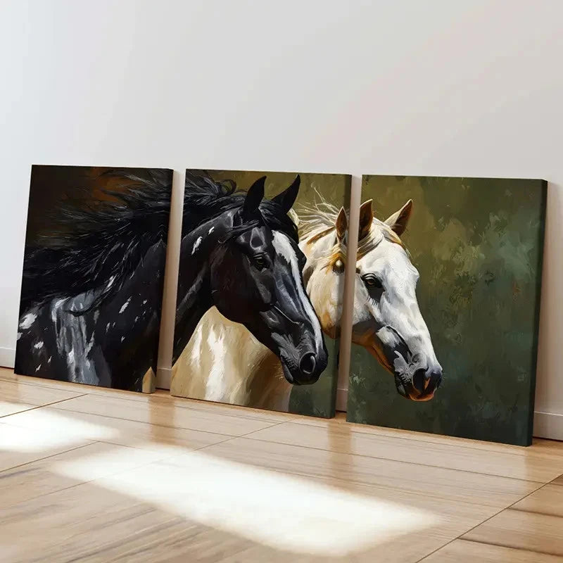 3pcs Black And White Horses Running Together Wall Art Set Canvas Framed 40x60cm - High Quality Print 100% Australian Made Wall Canvas Ready to Hang - Bella Home Decor