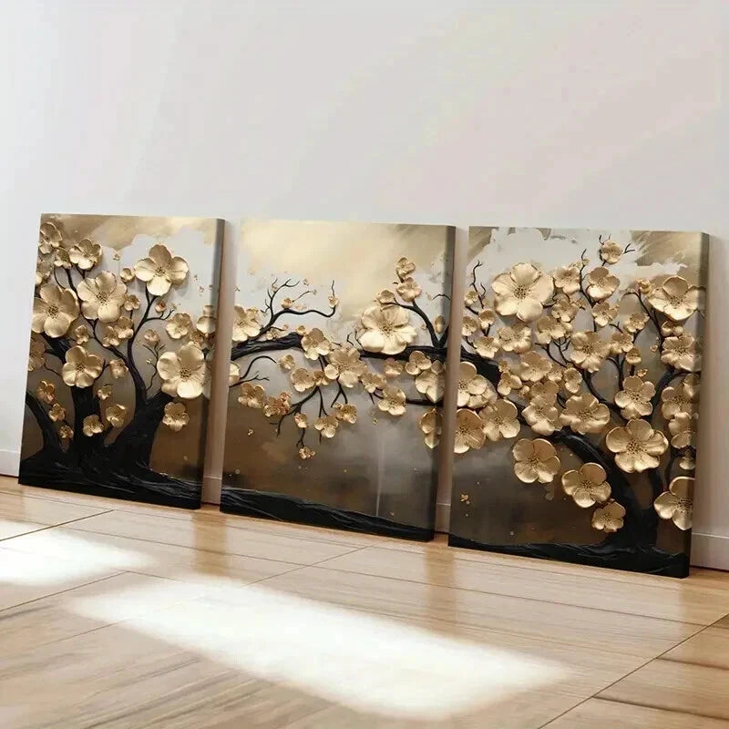 3pcs Abstract Golden Leaves Tree Modern Elegance Wall Art Set Canvas Framed 40x60cm - High Quality Print 100% Australian Made Wall Canvas Ready to Hang - Bella Home Decor